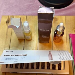 Skincare products.Bimaio matte rescue,111Skin rose gold radiant boost,face milk